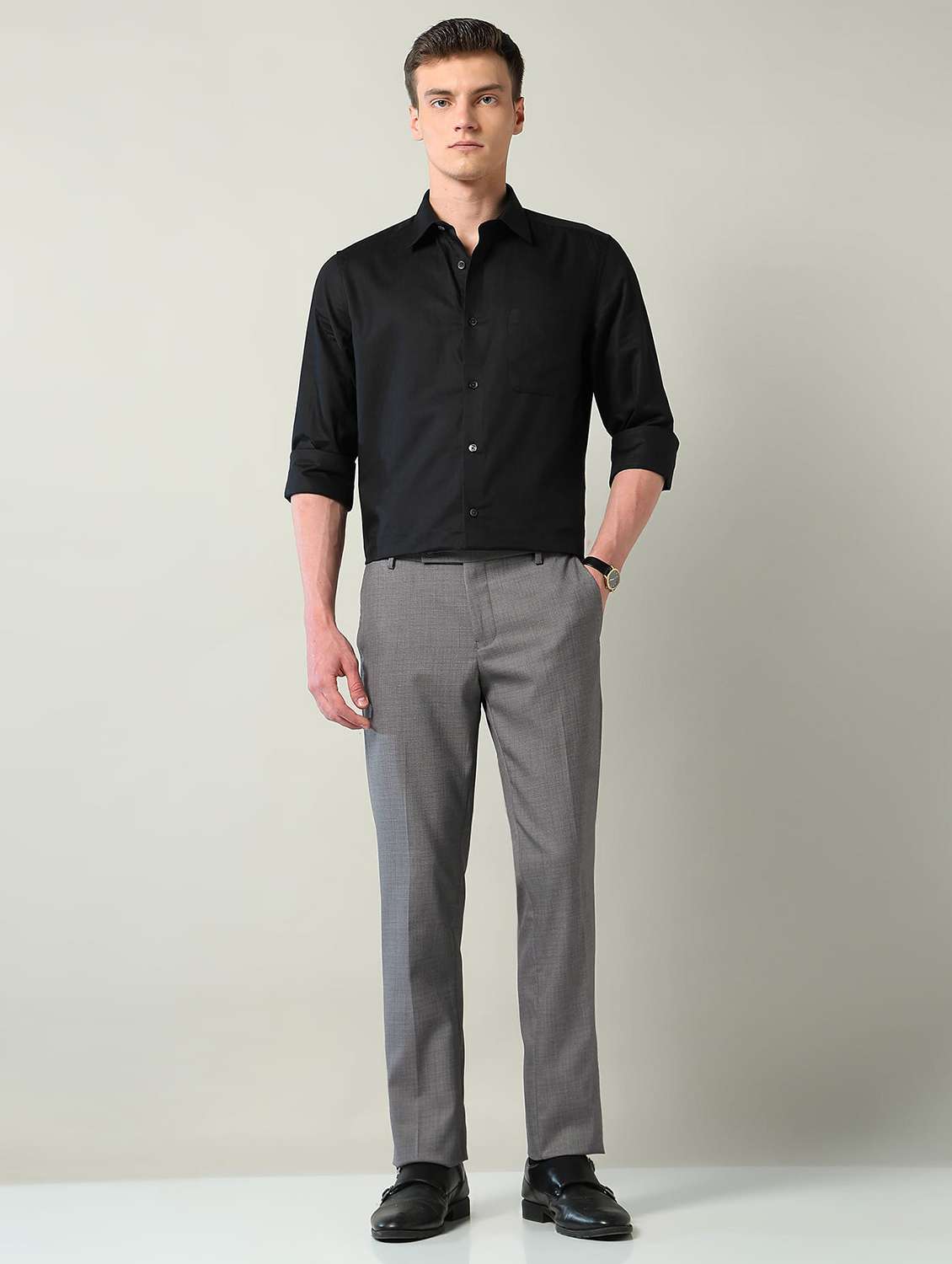 men solid mid rise flat front formal trouser - 22240616 -  Standard Image - 4