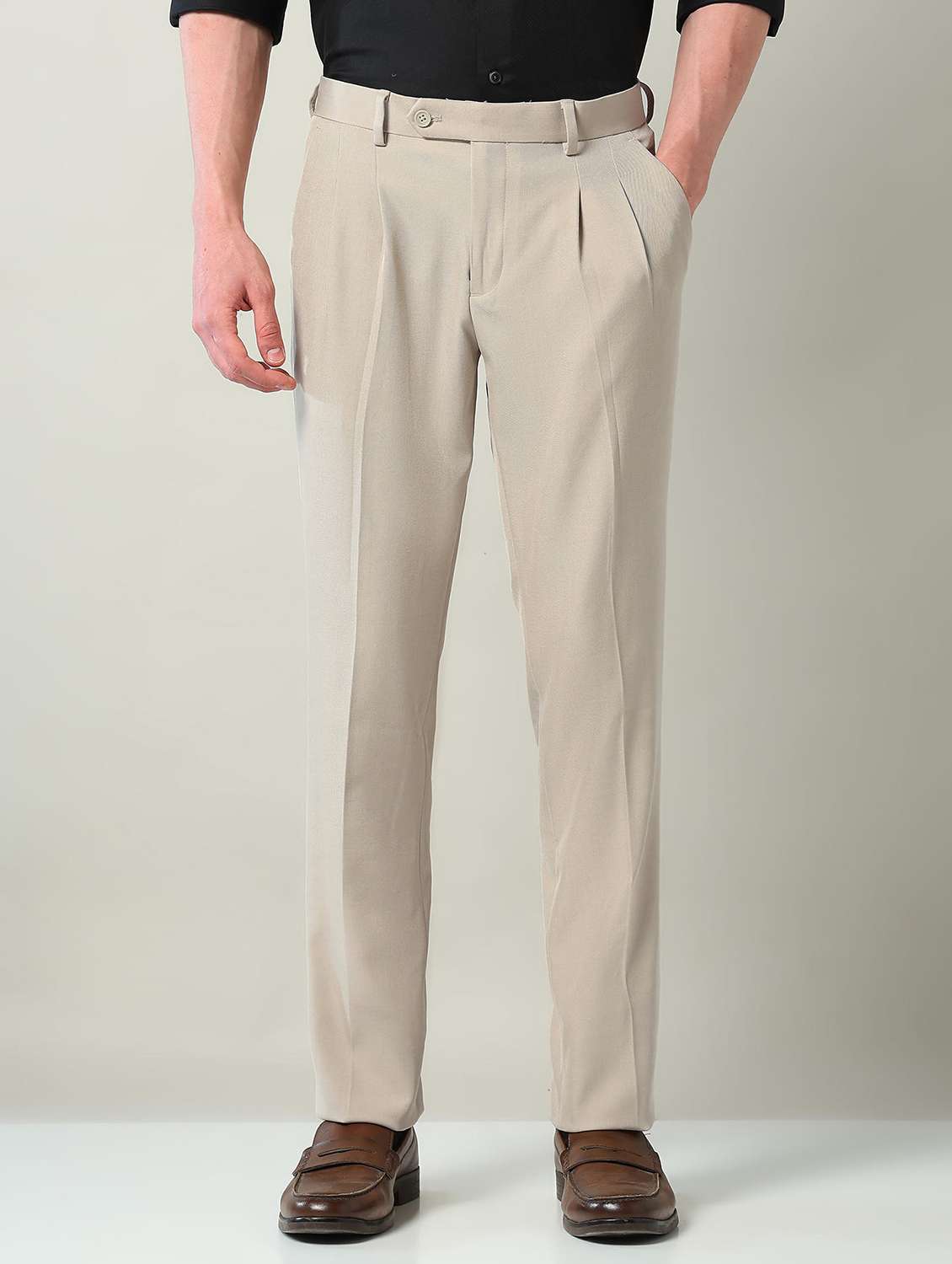 men solid mid rise pleated formal trouser - 22240617 -  Standard Image - 1