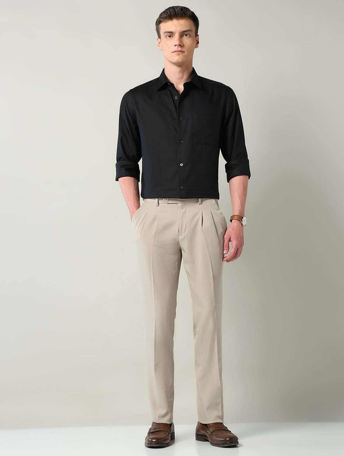 men solid mid rise pleated formal trouser - 22240617 -  Standard Image - 4