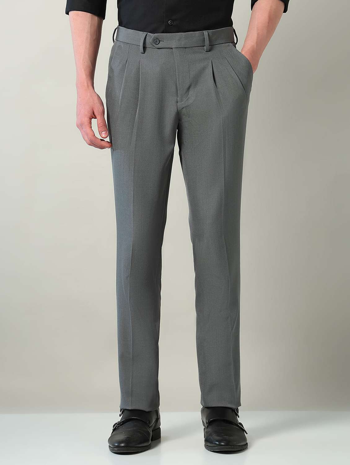 men solid mid rise pleated formal trouser - 22240618 -  Standard Image - 1