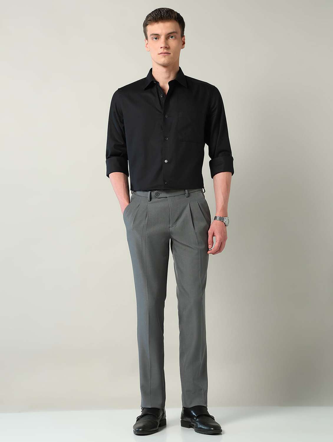 men solid mid rise pleated formal trouser - 22240618 -  Standard Image - 4