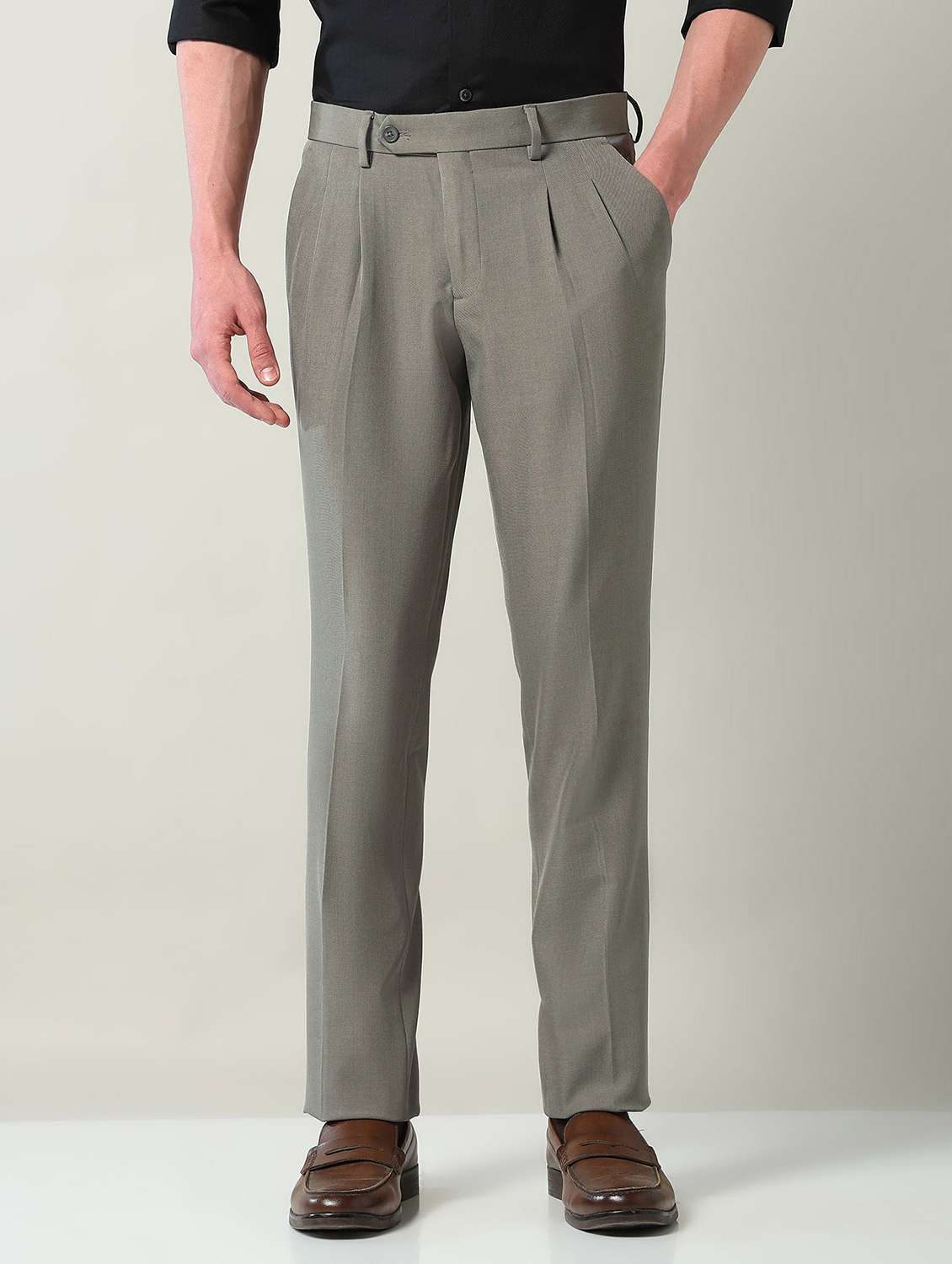 men solid mid rise pleated formal trouser - 22240619 -  Standard Image - 1