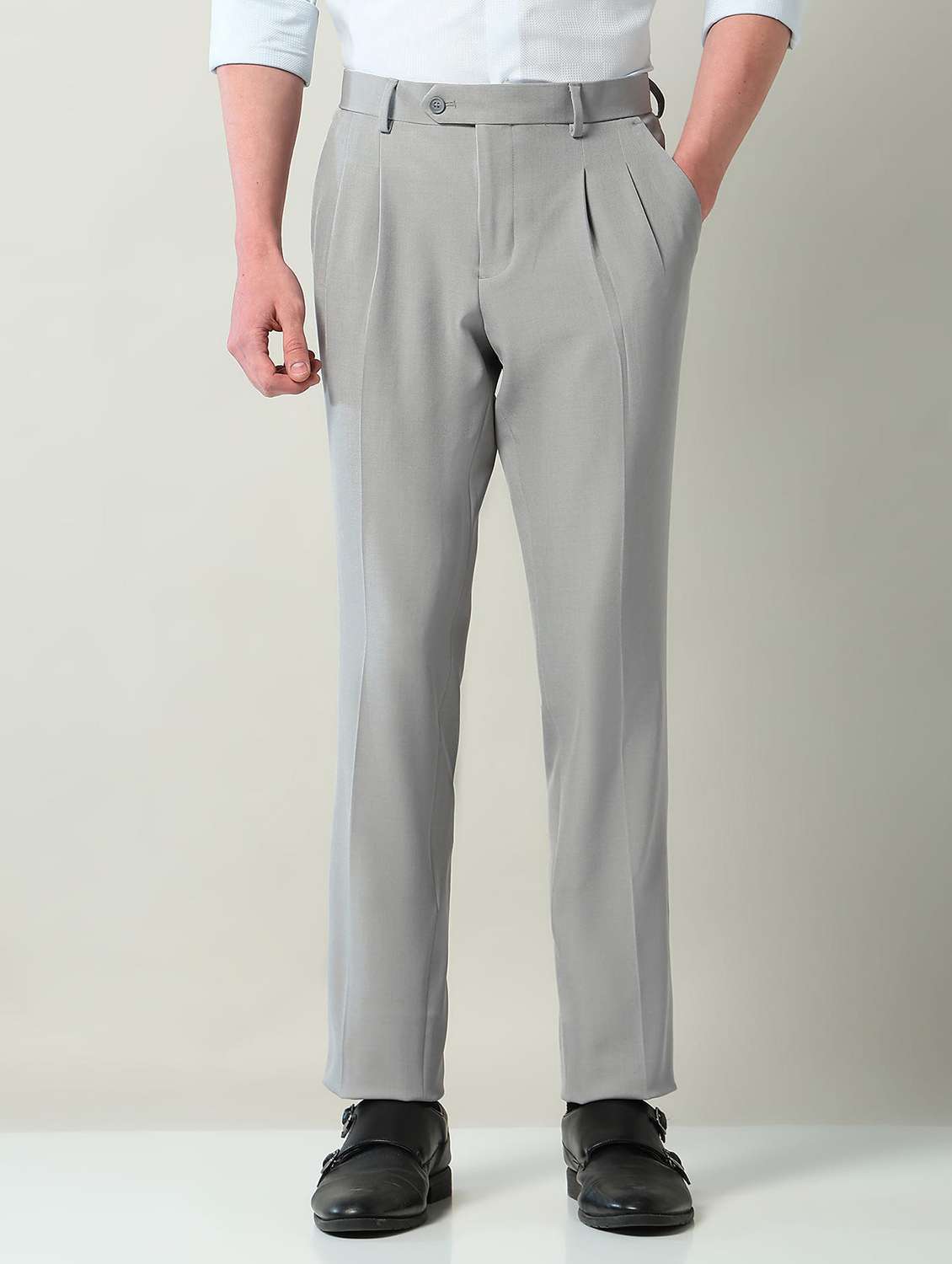 men solid mid rise pleated formal trouser - 22240621 -  Standard Image - 1