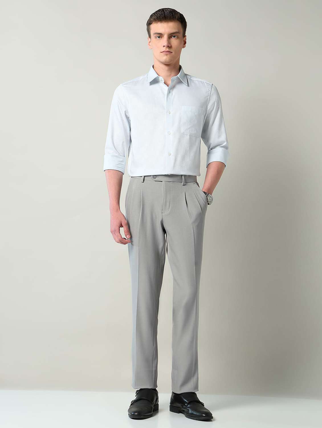 men solid mid rise pleated formal trouser - 22240621 -  Standard Image - 4
