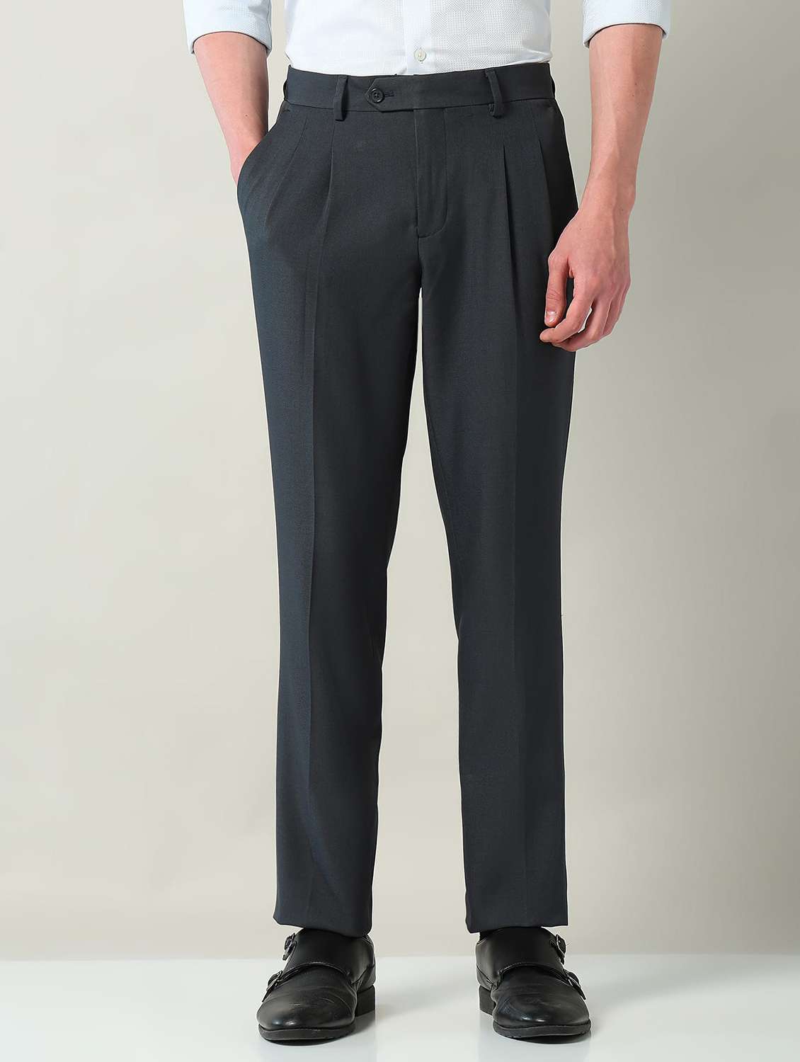 men solid mid rise pleated formal trouser - 22240622 -  Standard Image - 1