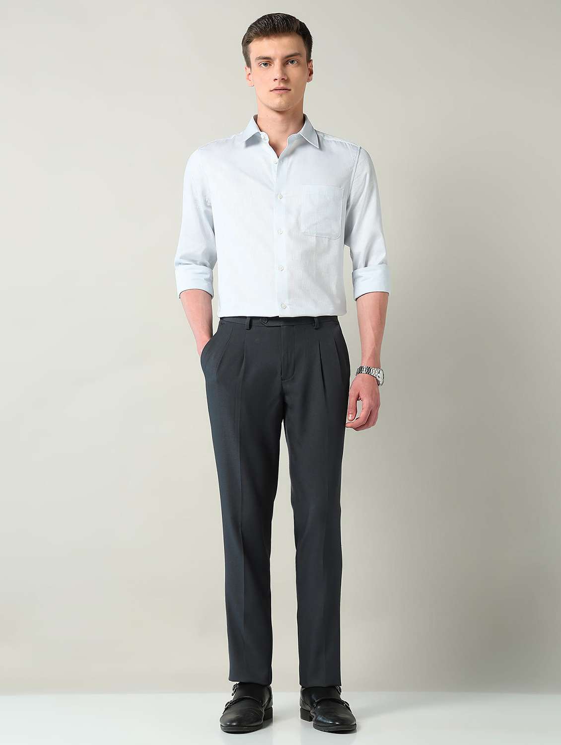 men solid mid rise pleated formal trouser - 22240622 -  Standard Image - 4