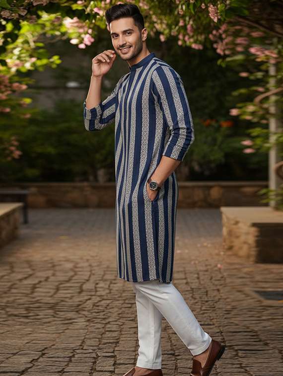 men self design mandarin neck long kurta - 22240659 -  Standard Image - 1