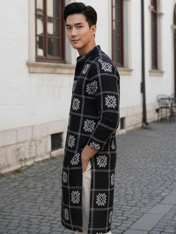 men solid with work mandarin neck long kurta - 22240660 -  Standard Image - 1