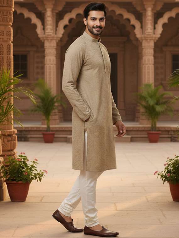 men solid with work mandarin neck long kurta - 22240662 -  Standard Image - 1