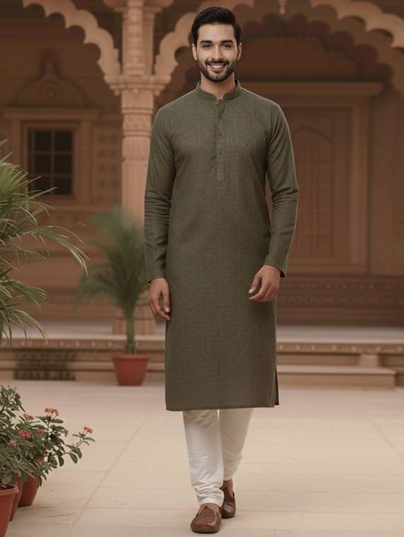 men solid with work mandarin neck long kurta - 22240663 -  Standard Image - 4
