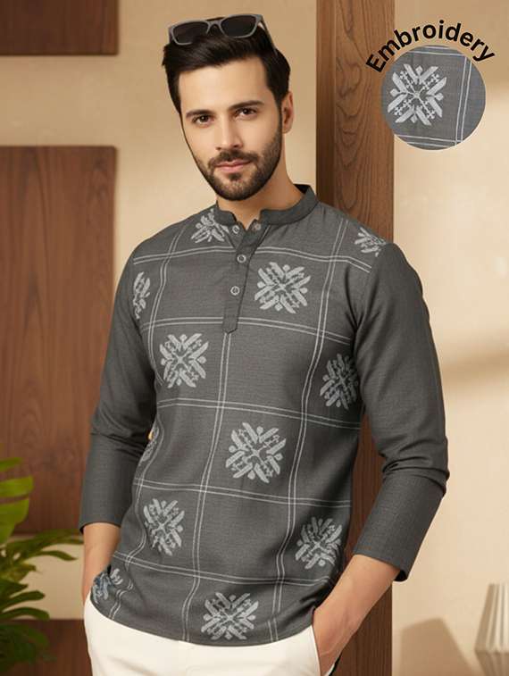 men solid with work mandarin neck short kurta - 22240665 -  Standard Image - 1