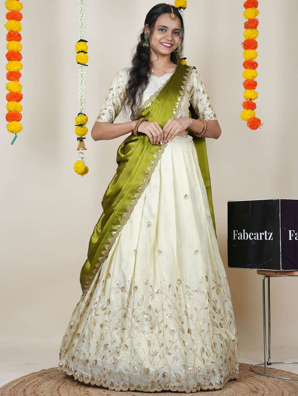 women solid with work unstitched lehenga choli