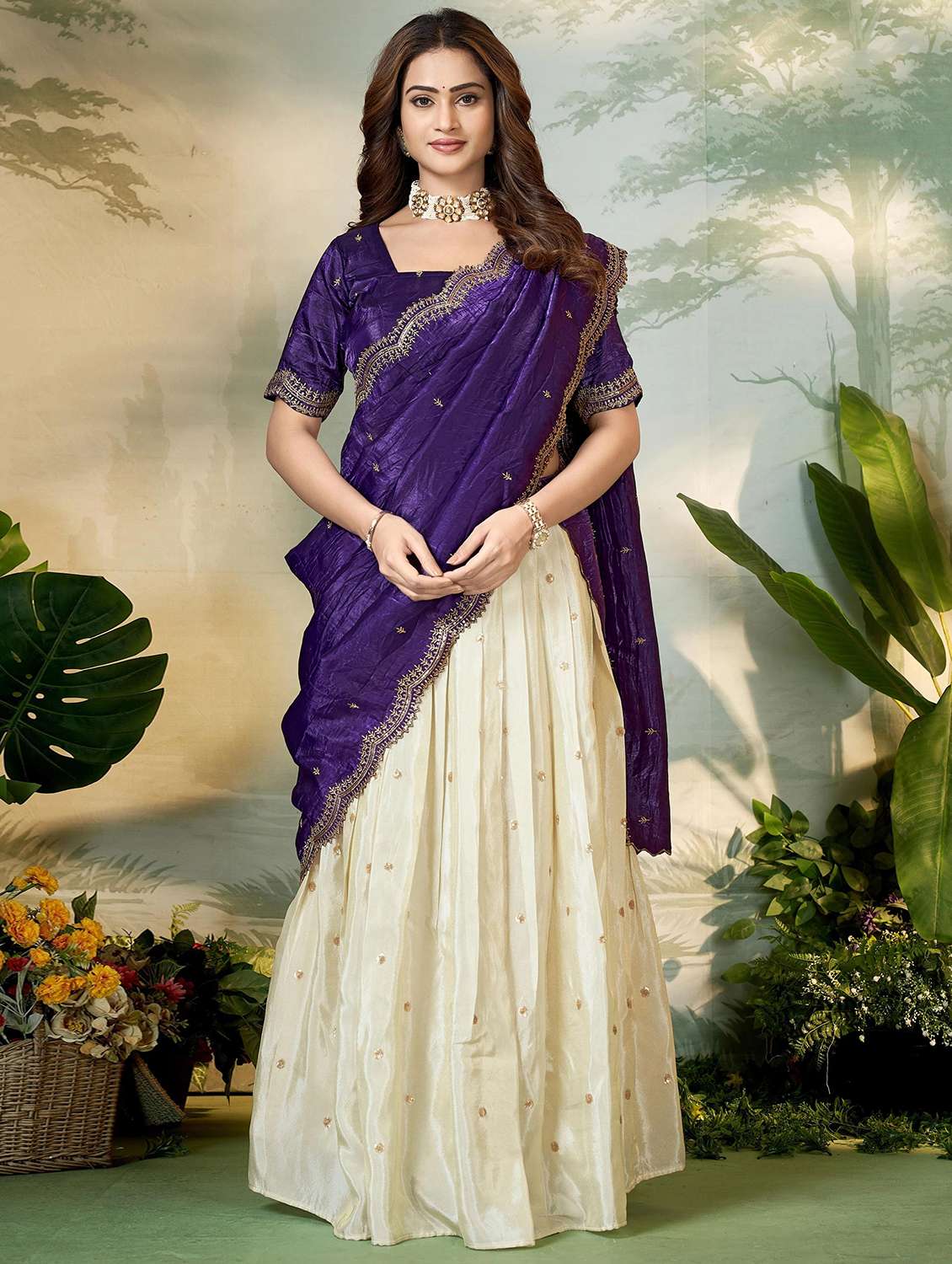 women solid with work unstitched lehenga choli