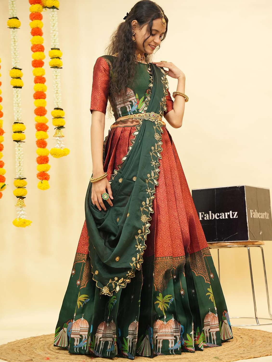 women self design south indian style unstitched lehenga choli - 22240809 -  Standard Image - 1