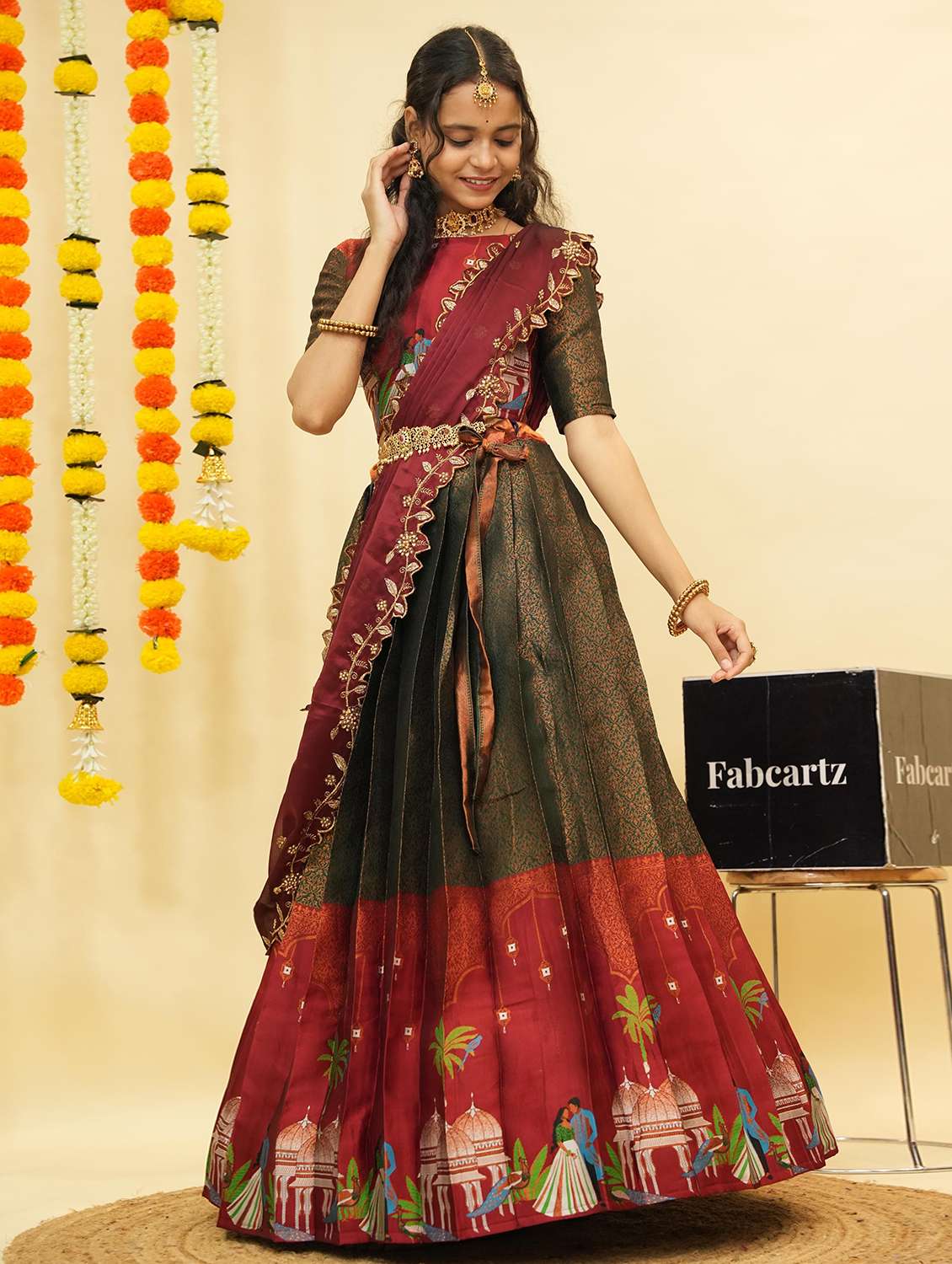 women self design south indian style unstitched lehenga choli - 22240813 -  Standard Image - 1
