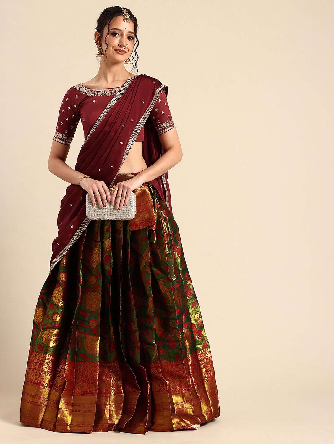 women self design south indian style stitched lehenga choli