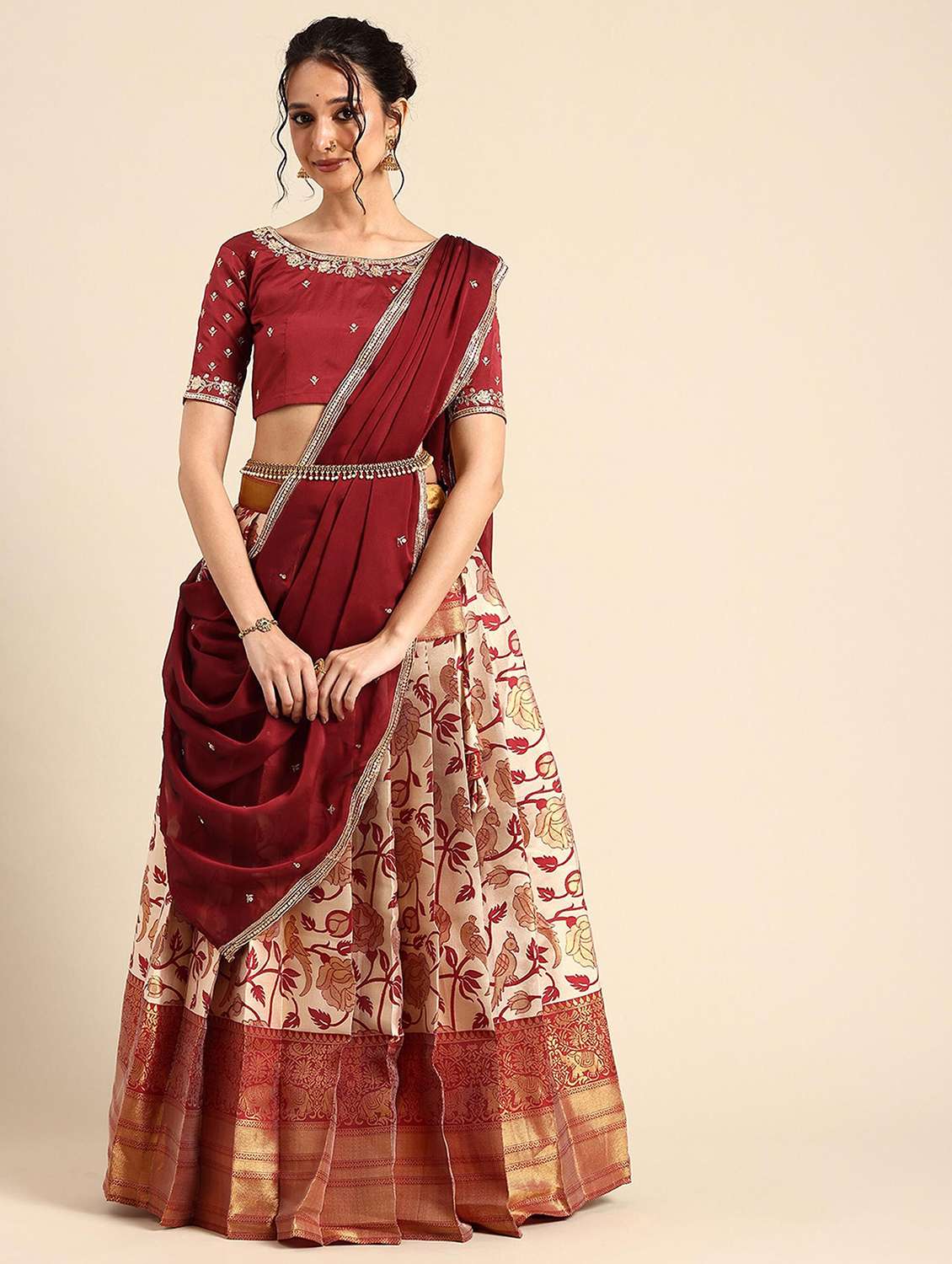 women self design south indian style stitched lehenga choli