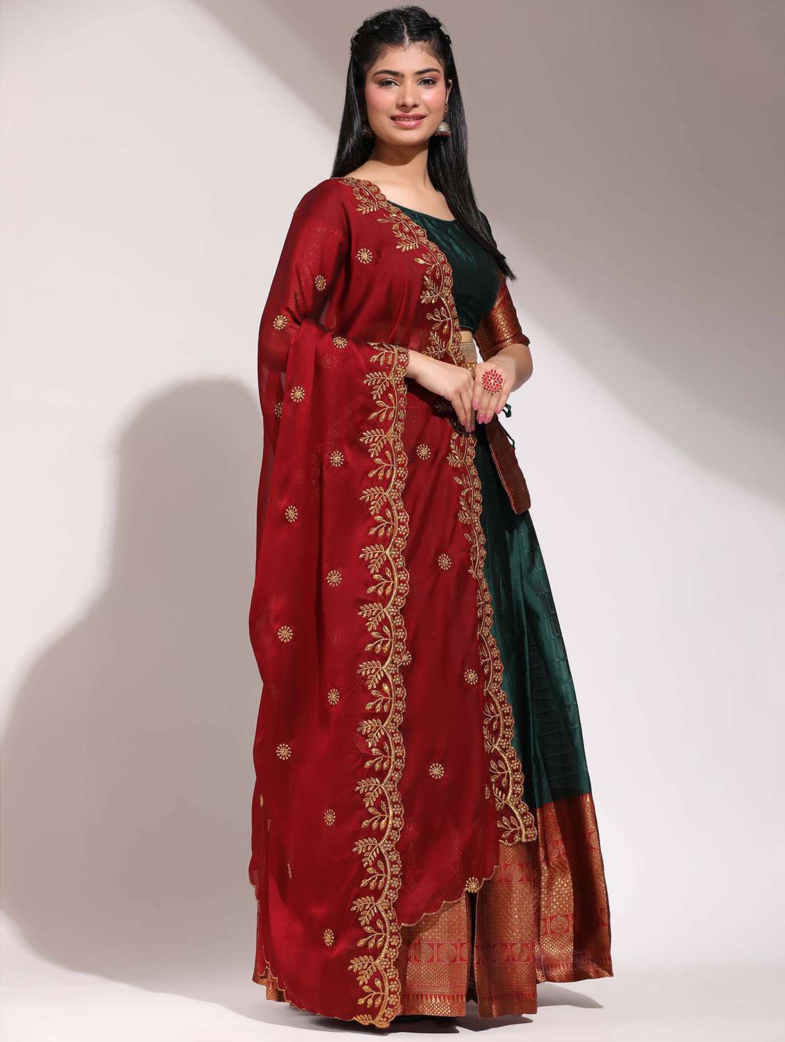 women self design south indian style unstitched lehenga choli - 22240902 -  Standard Image - 4