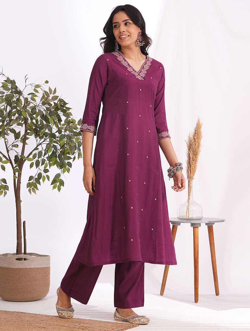 women solid with work three quarter sleeve kurta pant set - 22240948 -  Standard Image - 1