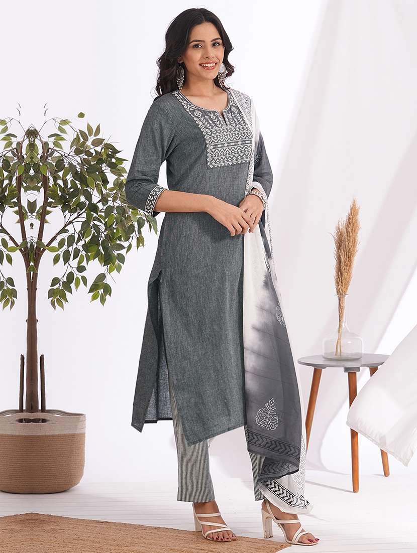 women solid with work three quarter sleeve kurta pant with dupatta set - 22240952 -  Standard Image - 1