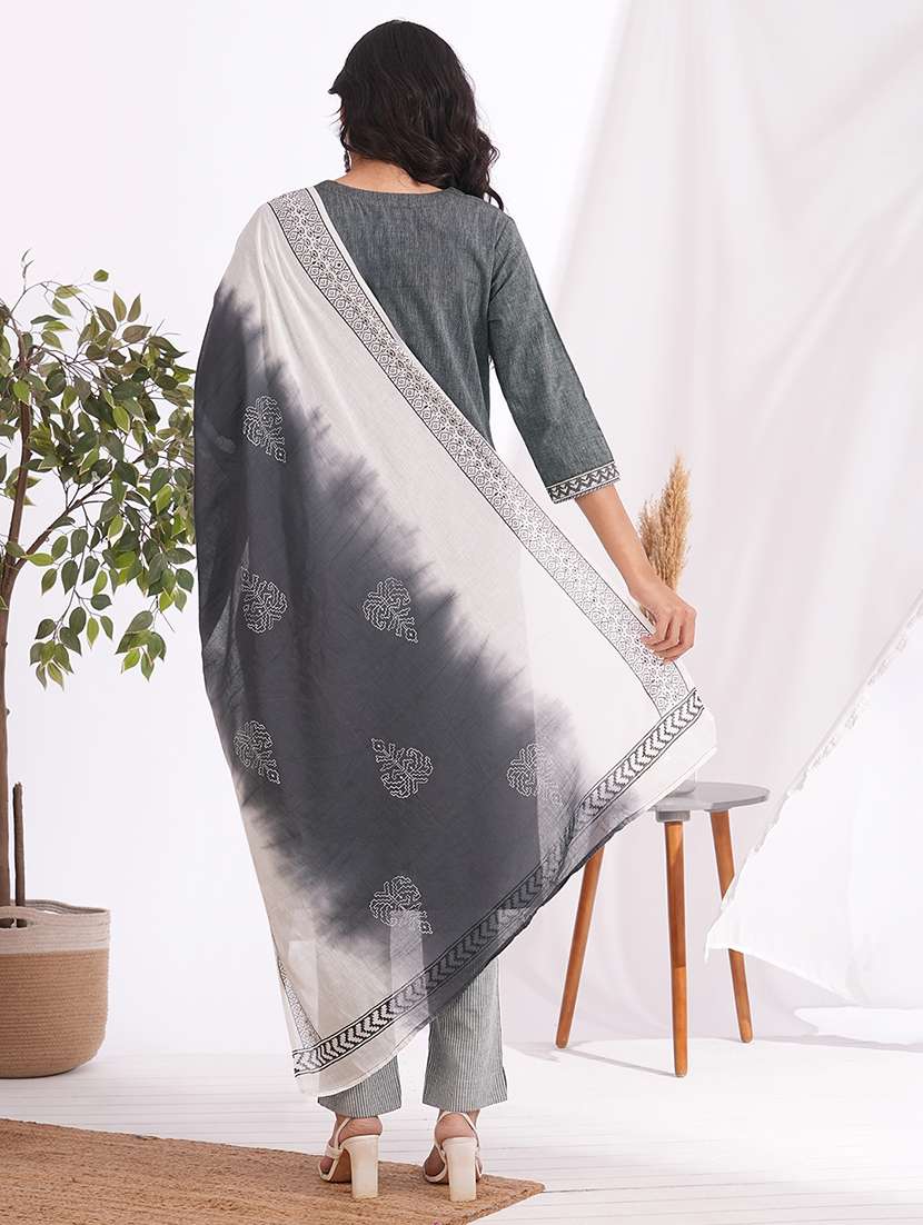 women solid with work three quarter sleeve kurta pant with dupatta set - 22240952 -  Standard Image - 4