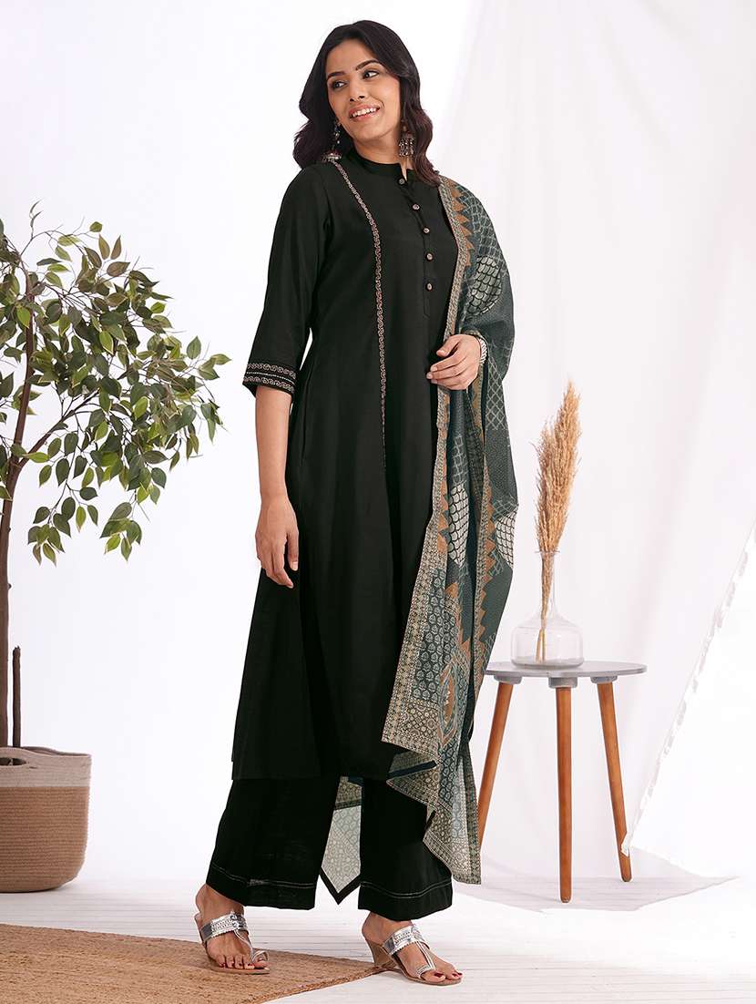 women solid with work three quarter sleeve kurta pant with dupatta set - 22240954 -  Standard Image - 1