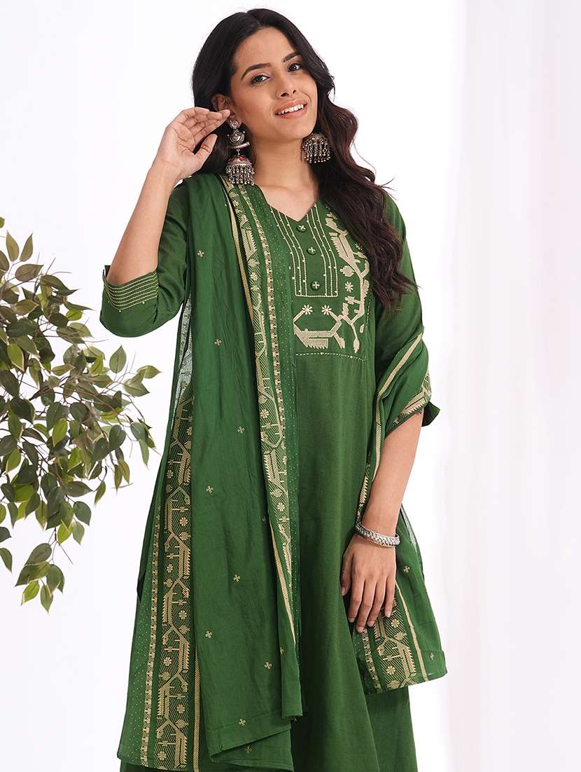 women solid with work three quarter sleeve kurta pant with dupatta set - 22240958 -  Standard Image - 1