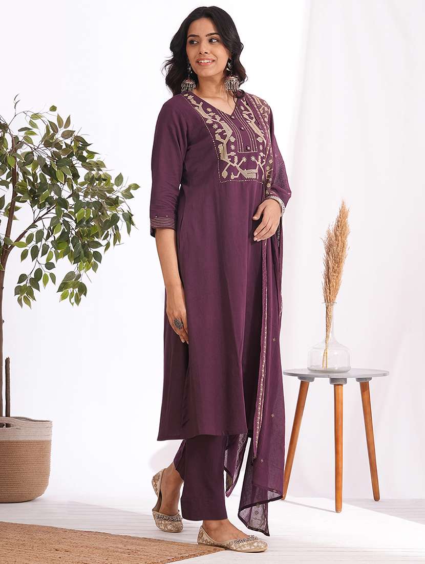 women solid with work three quarter sleeve kurta pant with dupatta set - 22240959 -  Standard Image - 1
