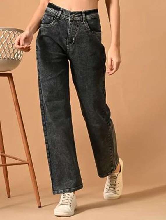 women solid high rise straight fit jeandenim jean