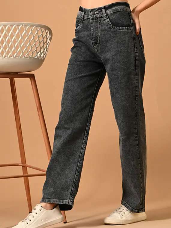 women solid high rise straight fit jeandenim jean - 22241479 -  Standard Image - 1