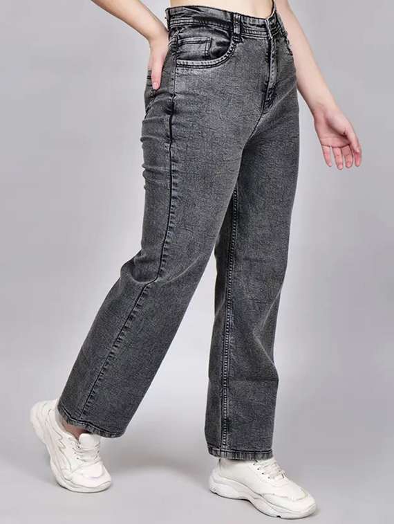 women solid high rise straight fit jean