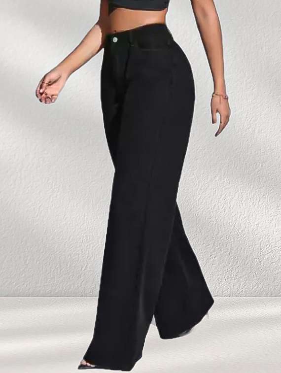 black denim jeanwomen solid high rise wide leg jeans - 22241549 -  Standard Image - 1