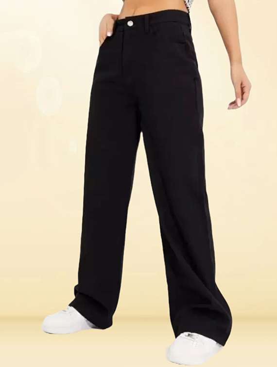 women solid high rise baggy jean