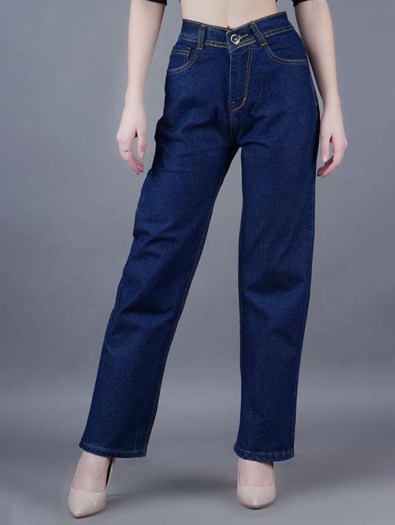 women solid high rise straight fit jeans