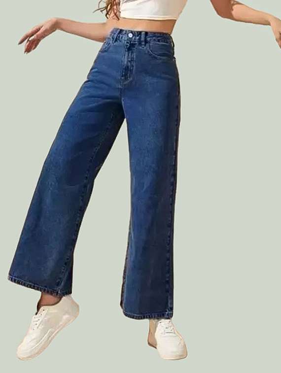 women solid high rise wide leg jean