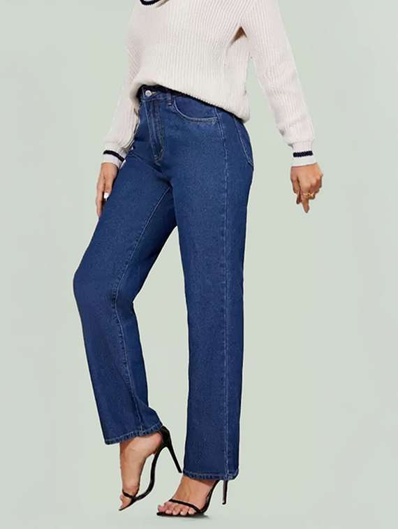women solid high rise straight fit jean