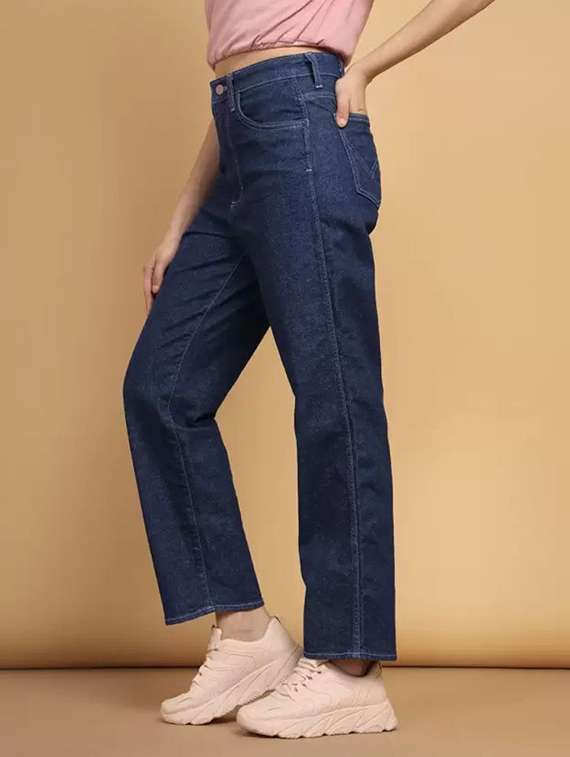 women solid high rise straight fit jeans
