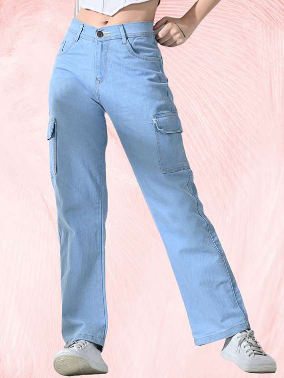 women solid high rise denim cargo