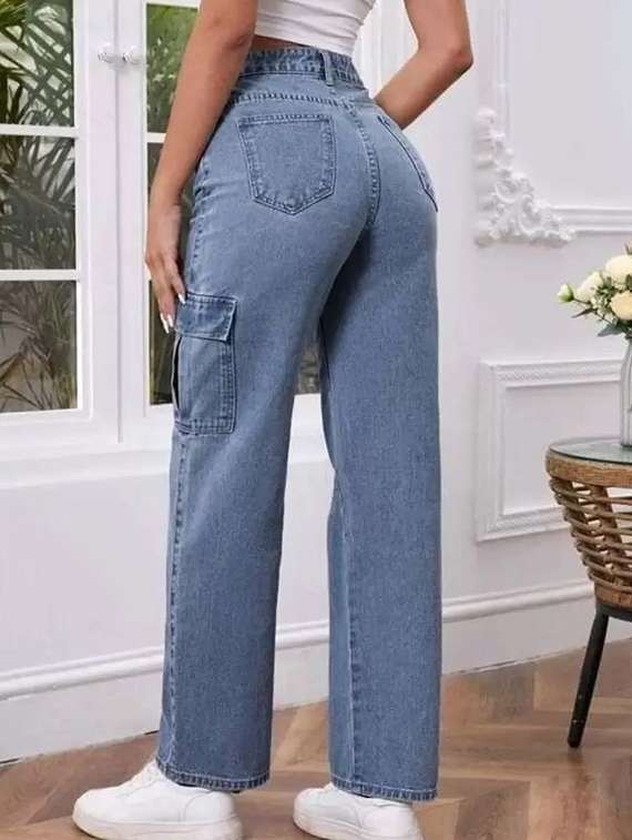 women solid high rise denim cargo - 22241736 -  Standard Image - 1