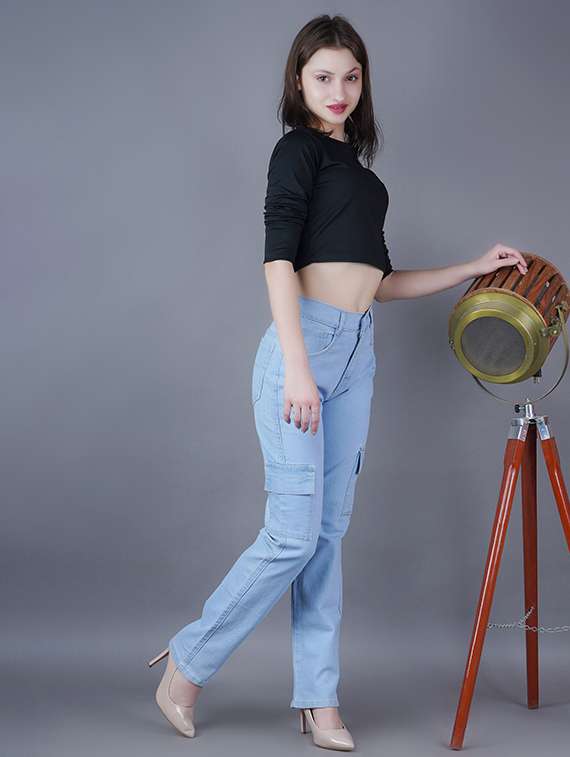 women solid high rise denim cargo - 22241739 -  Standard Image - 1