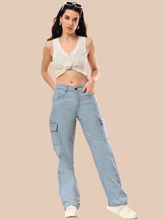 women solid mid rise denim cargo - 22241745 -  Standard Image - 1