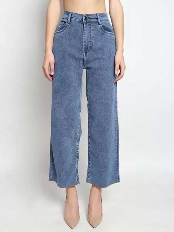 women solid high rise wide leg jeans