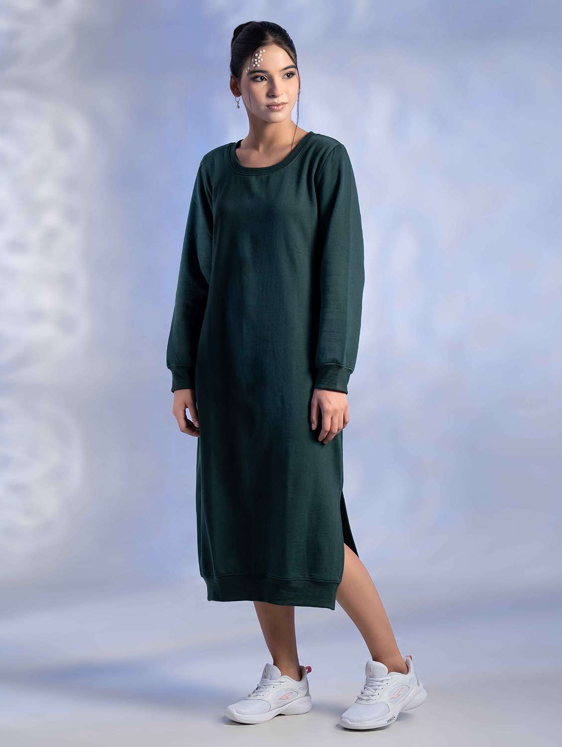 women solid long sleeve woolen t-shirt dress - 22242048 -  Standard Image - 1