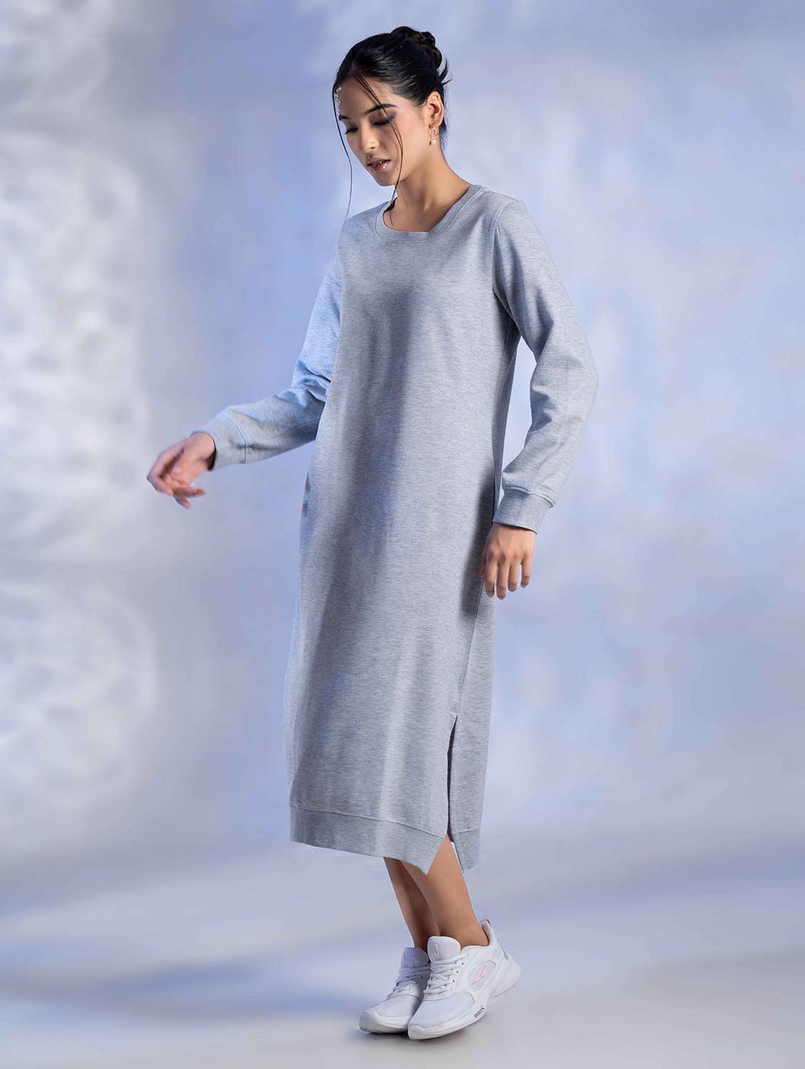women solid long sleeve woolen t-shirt dress - 22242049 -  Standard Image - 1