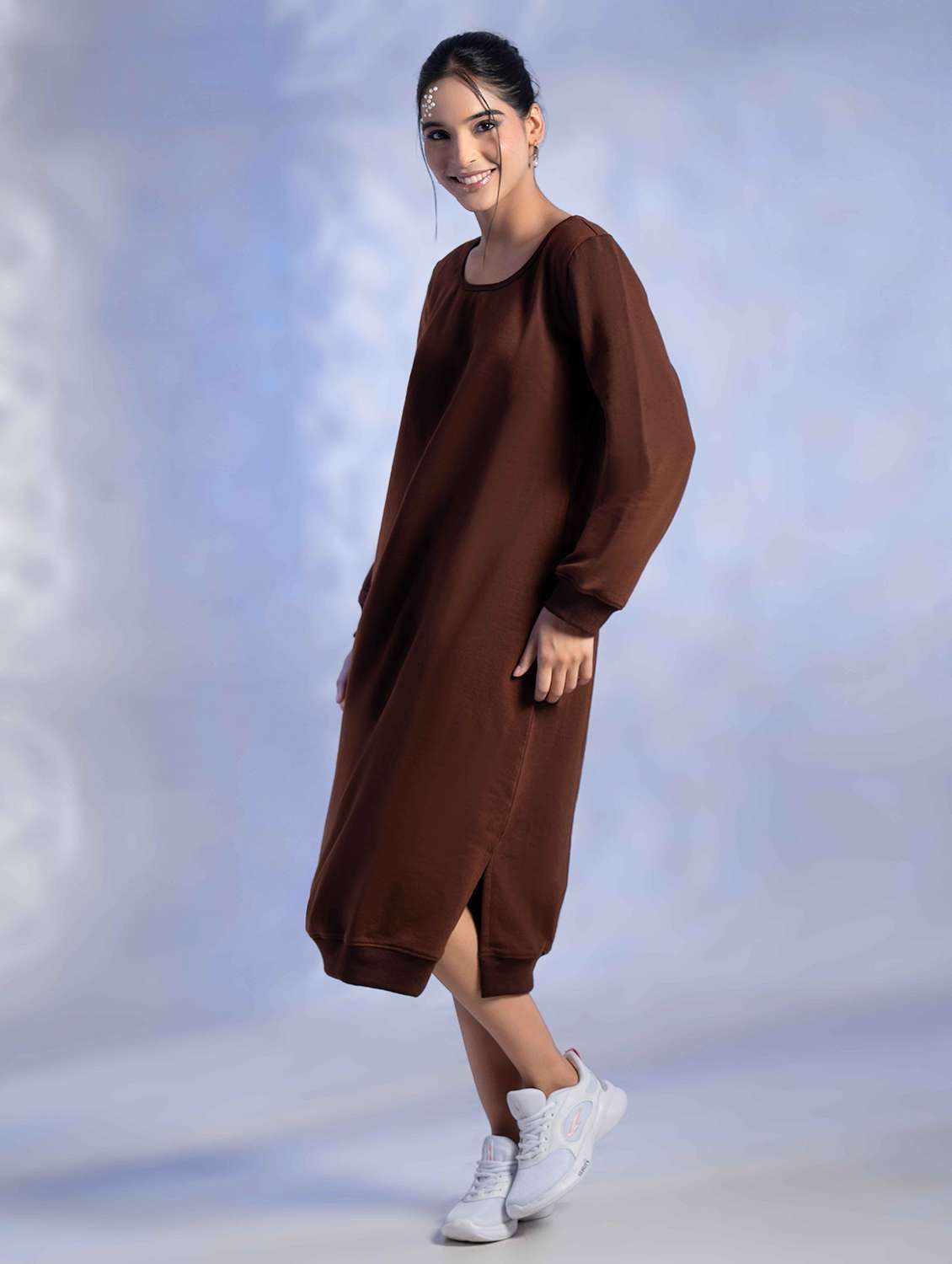 women solid long sleeve woolen t-shirt dress - 22242050 -  Standard Image - 1