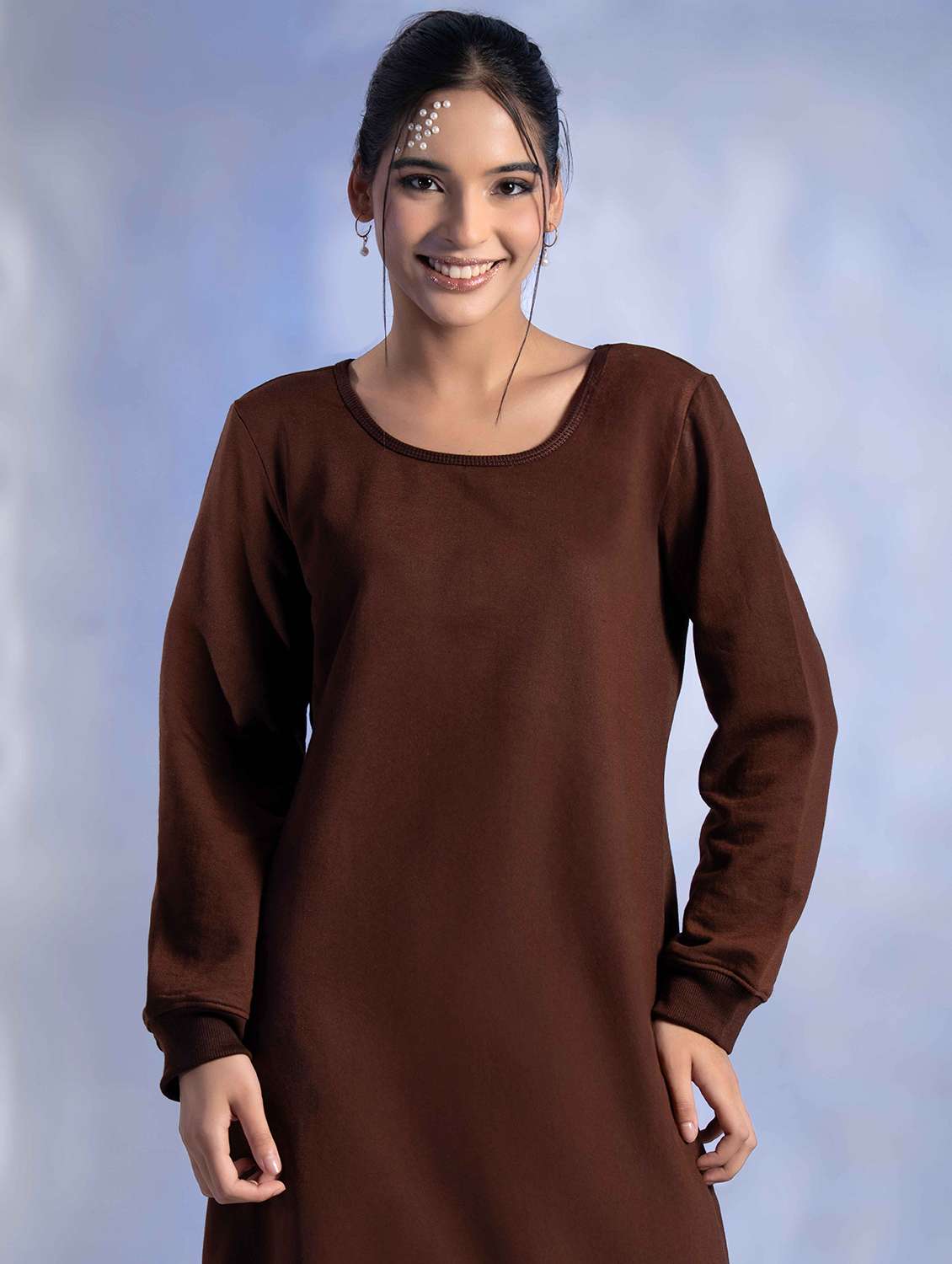 women solid long sleeve woolen t-shirt dress - 22242050 -  Standard Image - 4