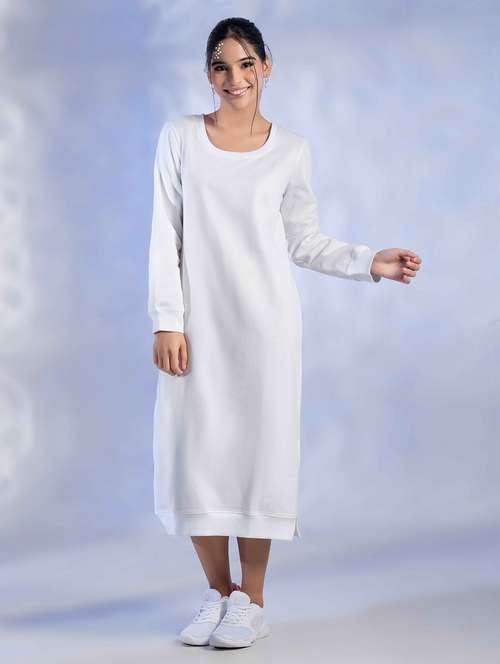 Women Solid Long Sleeve Woolen T Shirt Dress