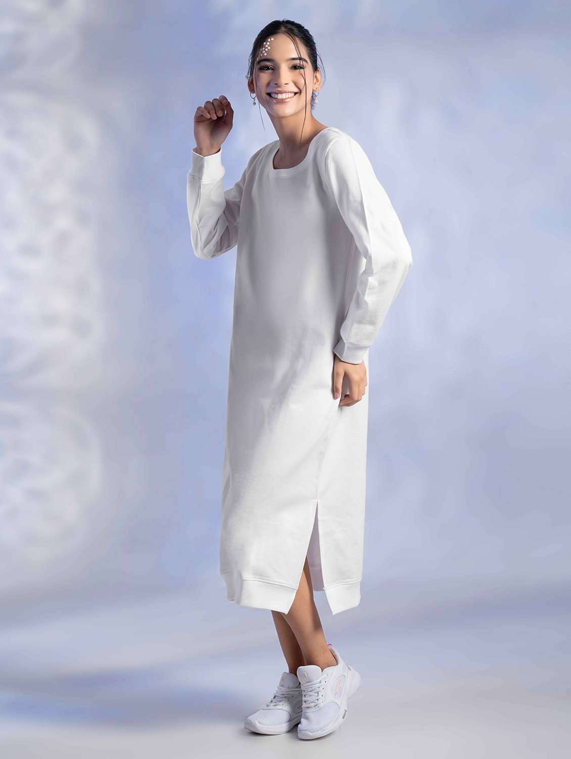 women solid long sleeve woolen t-shirt dress - 22242051 -  Standard Image - 1