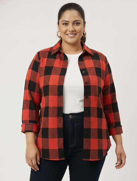 women plus size checkered long sleeve collared shirt - 22243307 -  Standard Image - 1