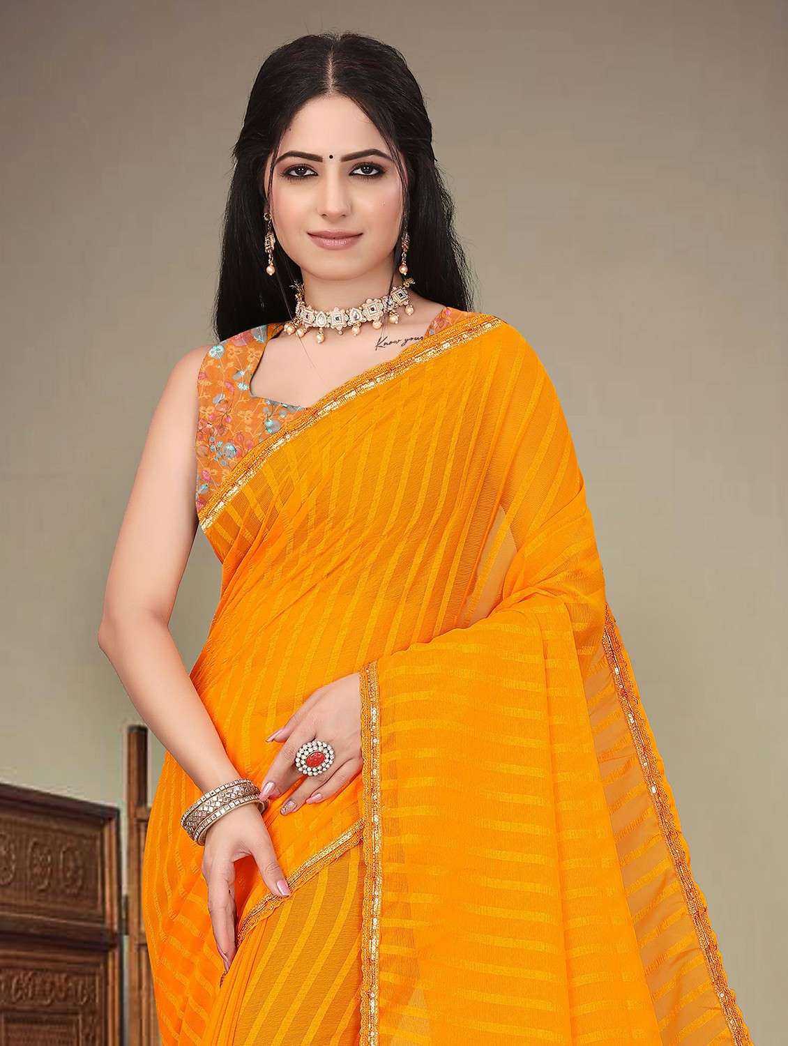 women striped printed saree with blouse - 22243559 -  Standard Image - 1